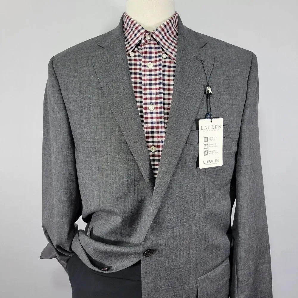 Lauren‎ Ralph Lauren Men's Sport Coat Blazer Two Button Gray Wool Stretch 42XL